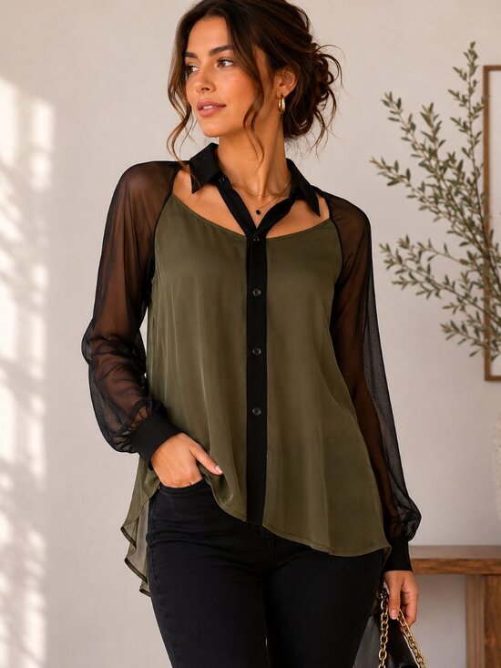 Tobi Tops - Tobi Black Olive Cutout Button-Up Blouse | Size S